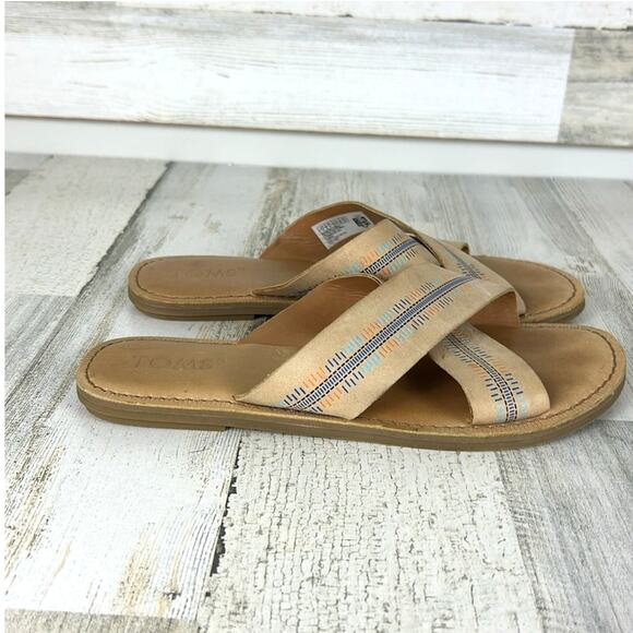 TOMS Women’s 7 Tan Leather Open Toe Slip-On Flat Boho Summer Sandals - Picture 6 of 8